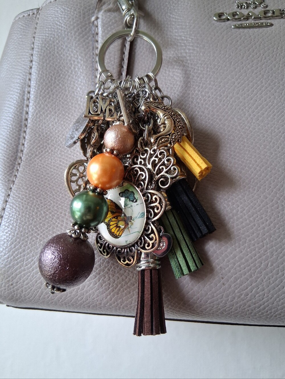 Multi-Color Tassel Keychain Purse Bag Charm with Butterfly Accent